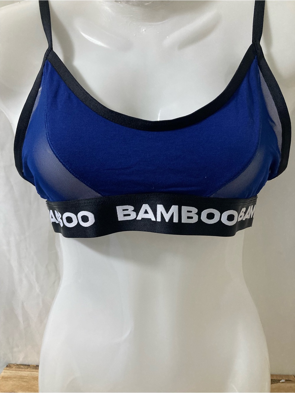 Bamboo Blue Mesh Bralette M Wireless Logo Band Adjustable Straps